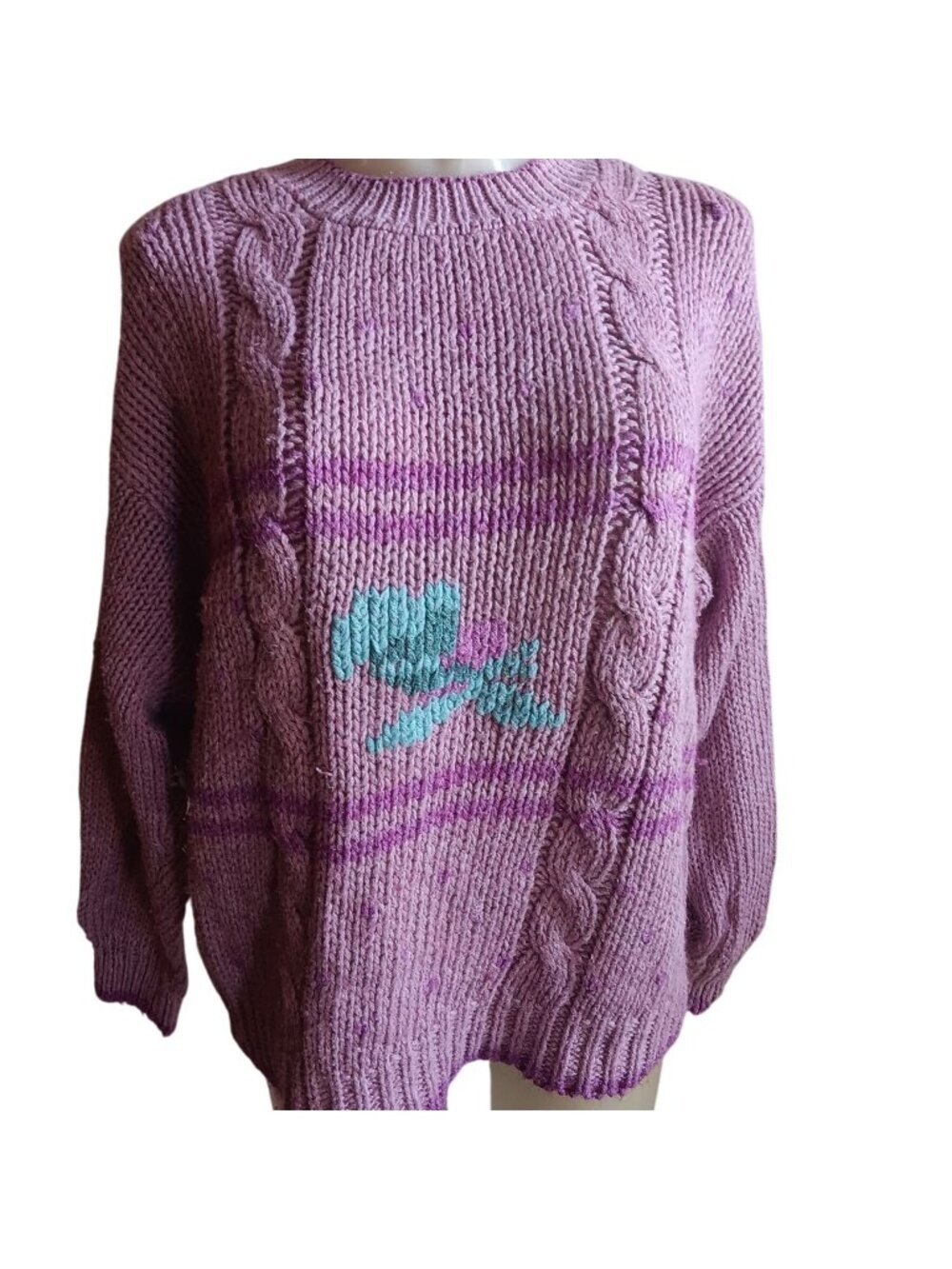 Pink Floral True Vintage 1980's Sweater Wye Oaks Cable Knit Design Crew Neck